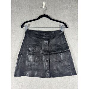 Zara Womens XS Black Leather A-Line Mini Skirt With Snap Front & Utility Pockets